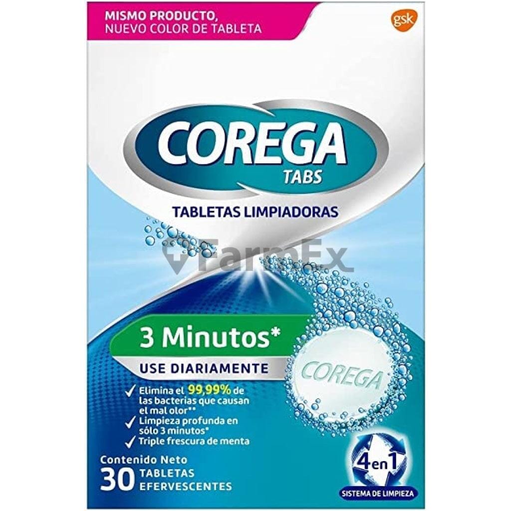 Corega Tabletas Limpiadoras "3 minutos" x 30 Tabletas Efervescentes Farmex-BanMedica-Persistente
